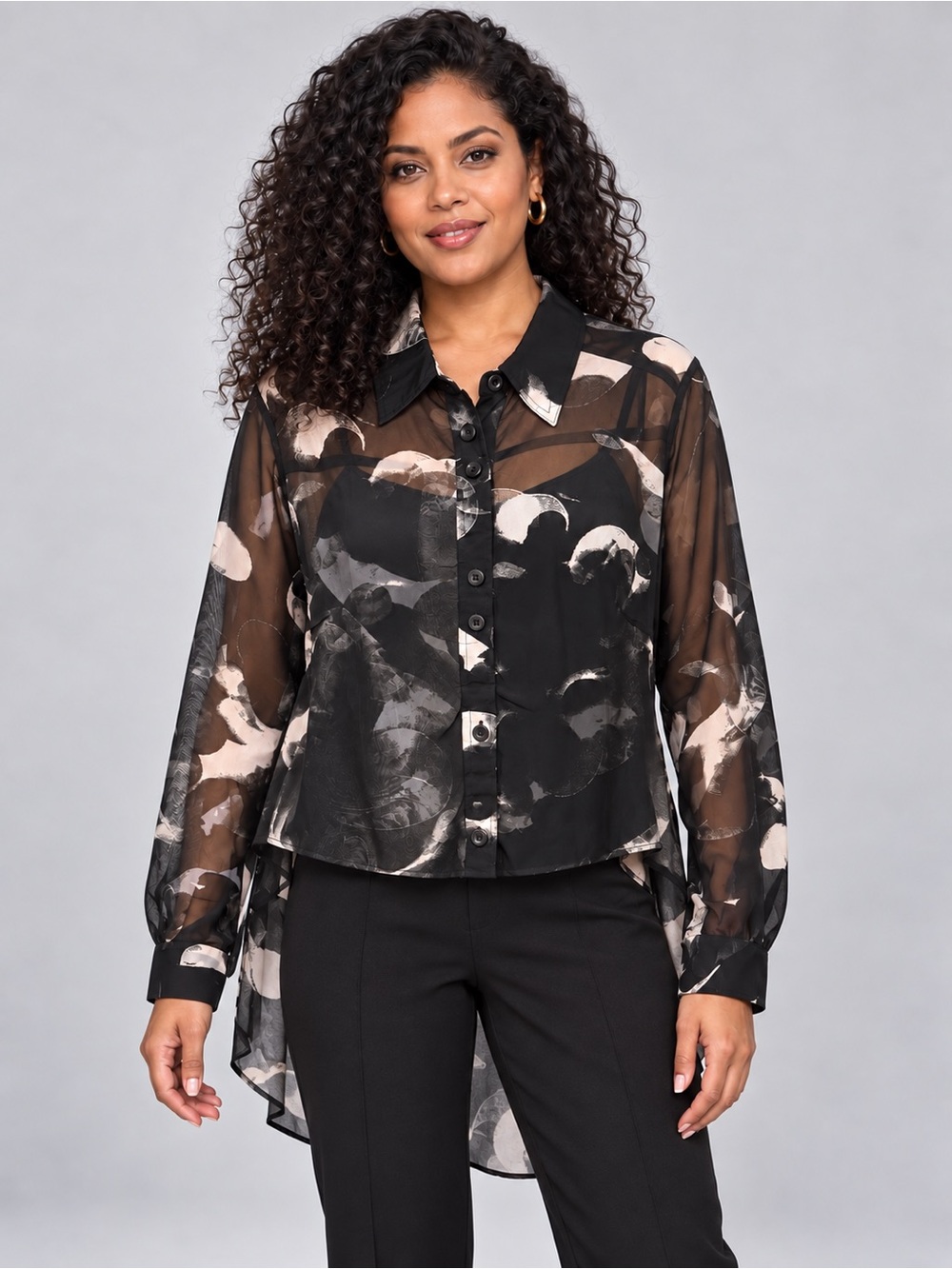 Abstract Sheer Button-Down Blouse in Black and Cream